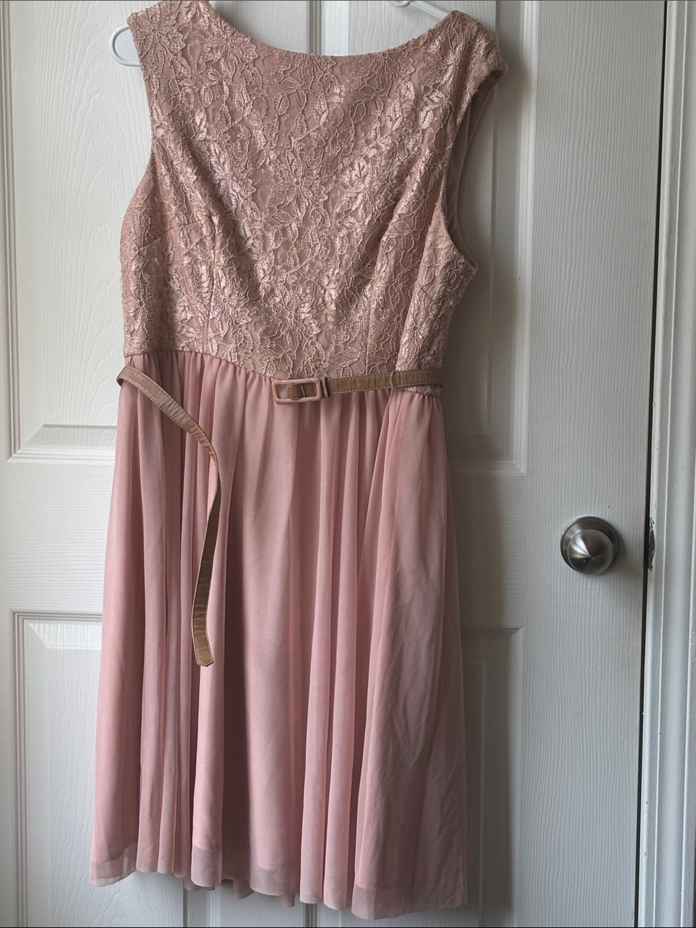 Blush Lace Bodice Chiffon Formal Dress with Slim Belt